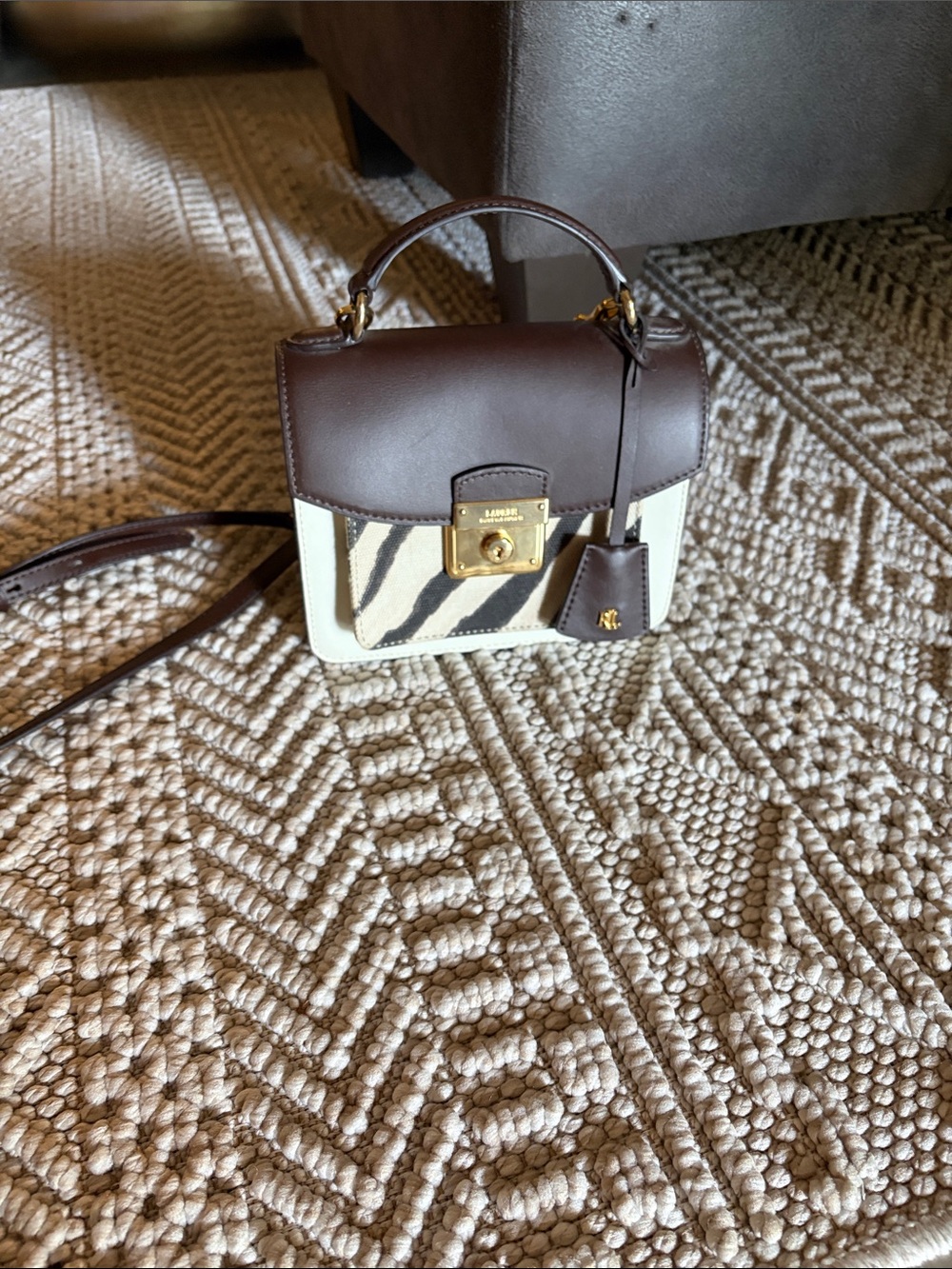 Ralph Lauren Handbag - Brown and Cream Zebra-Pattern Top Handle Bag